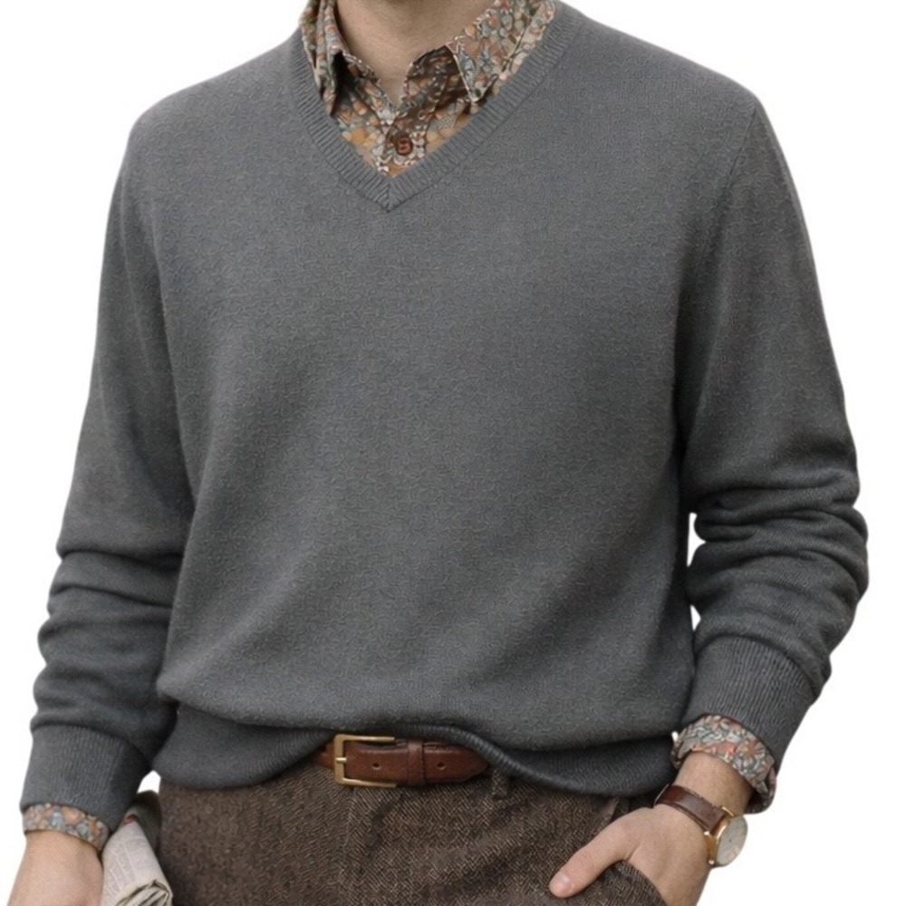 Eddie Bauer Men's V-Neck Cotton Cashmere Pullover Sweater Gray‎ Size XL Preppy